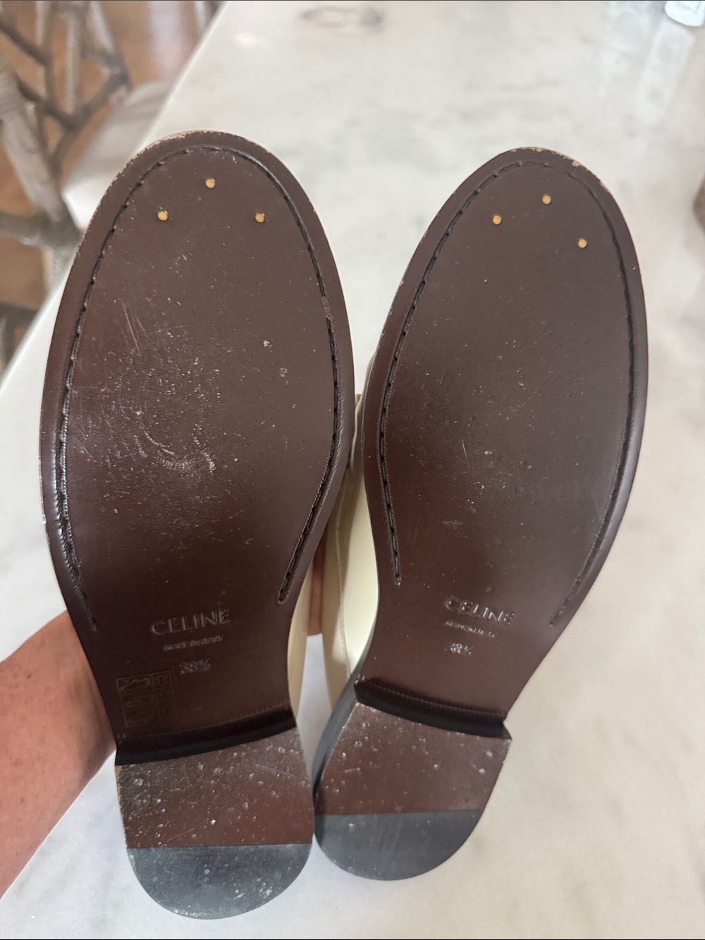 Celine Cream Leather Backless Loafer Slides with Gold Emblem - Picture 6 of 6